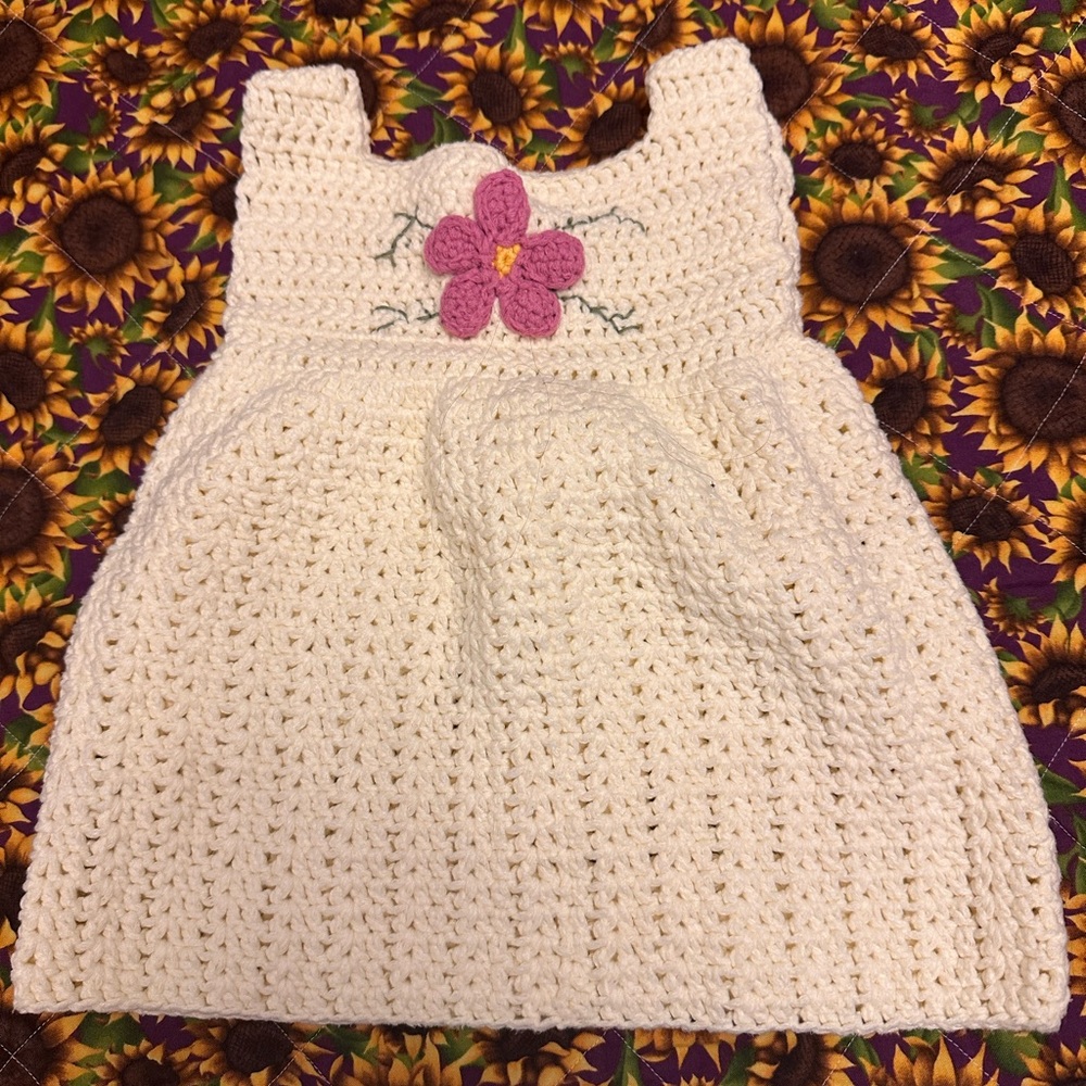 Handmade Crochet Baby Dress with Pink Flower